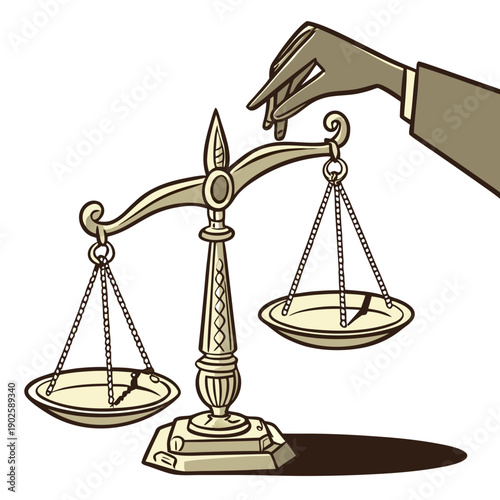 Bilde på lerret Golden balance scale controlled by a single hand