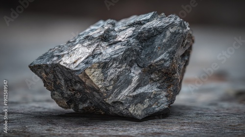 Holmium, a rare earth element freshly extracted from underground, appears as a metallic rock fragment in its natural, unprocessed state, featuring a dark gray-silver hue and a rough, irregular surface