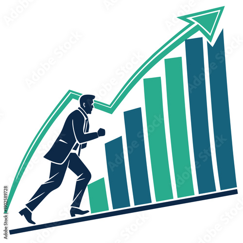 Businessman running up layered blue and green bar graph with rising green arrow