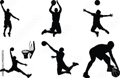 Basketball player silhouettes in action, dynamic poses