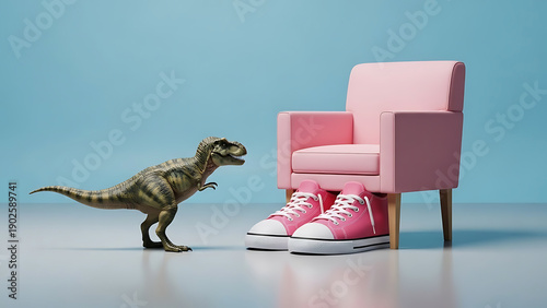 Surreal concept illustration of dinosaur facing chair with sneakers on white background