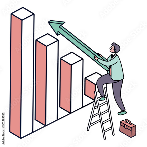 Man on ladder holding green arrow pointing up at bar graph