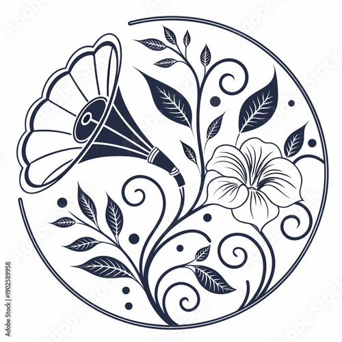 Circular decorative disc with gramophone and floral