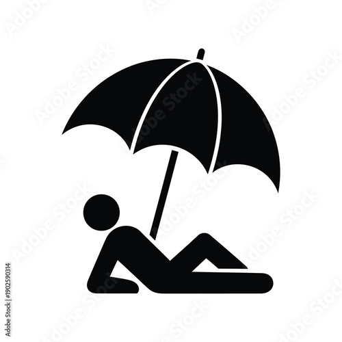 A simplified person icon rests under a large beach umbrella for sun protection.