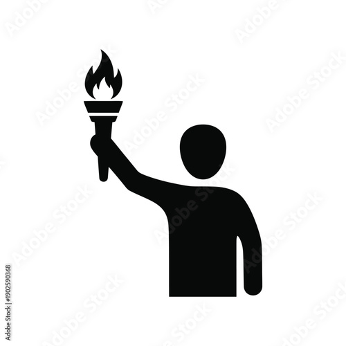 Silhouette figure holds an upward-raised flaming torch as a symbol of victory or guidance.