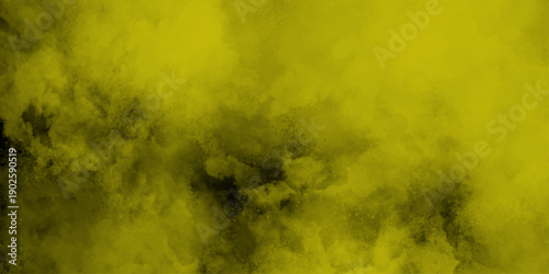 Yellow color powder explosion cloud isolated on black background. dust smoke yellow dust particles explosion background. Lemon Fog or smoke color isolated background for effect, text or copy space. 