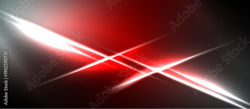 Abstract red, white light streaks cross dark background. Dynamic energy radiates from central intersection. Vivid colors create dramatic effect.