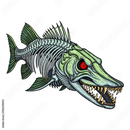 Pike skeleton fish with red eyes in vintage tattoo style illustration isolated on white background