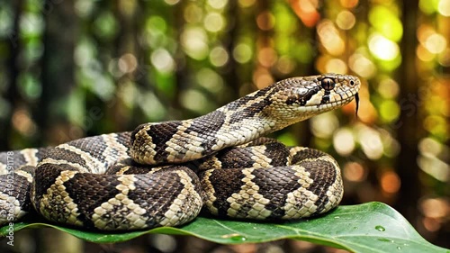 Wallpaper Mural Snake coiled on leaf in forest with blurred background, slithering through foliage Torontodigital.ca