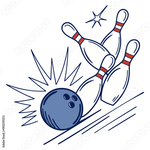 A bowling ball strikes pins in a dynamic illustrated scene