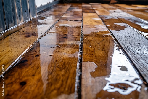 Detailed view of water damage on wooden floors, water pooling between floorboards, damp wood texture, aftermath of a flood with signs of decay.