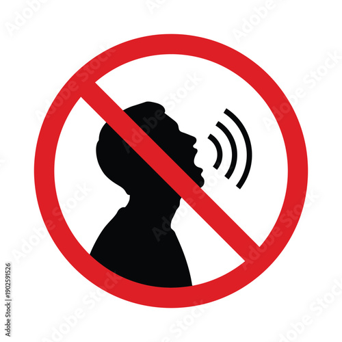 No Talking Vector Sign Featuring Silhouette of Speaking Man in Red Prohibited Circle for Quiet Zones