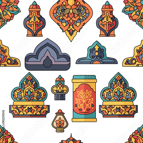 Collection of colorful ornate Buddhist motifs.