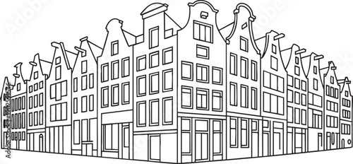 Amsterdam canal houses facade perspective, traditional Dutch architecture line drawing vector illustration