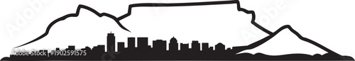 Cape Town skyline with Table Mountain backdrop, South African city landmark in bold silhouette.