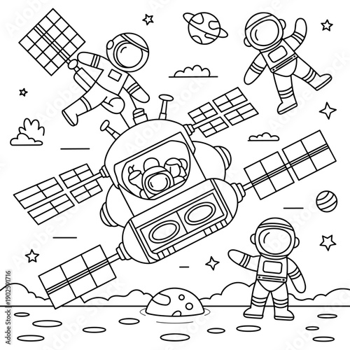 Brave Astronauts Exploring Outer Space with a High Tech Satellite and Stars Coloring