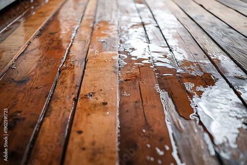 Detailed view of water damage on wooden floors, water pooling between floorboards, damp wood texture, aftermath of a flood with signs of decay.