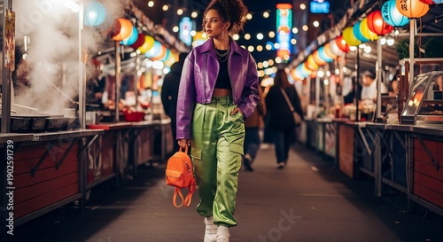 Woman exploring colorful night street food market