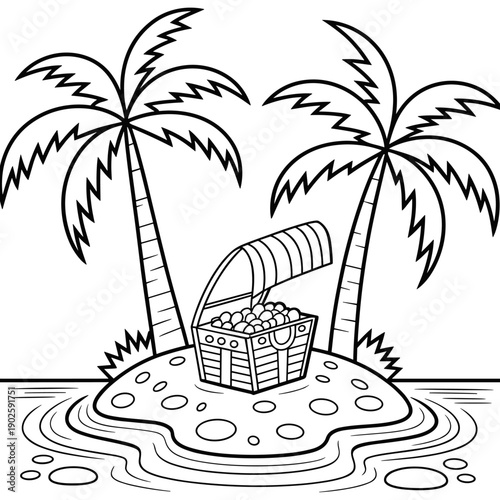 Hidden Pirate Treasure Chest Filled with Gold on a Tropical Sandy Beach Coloring Page