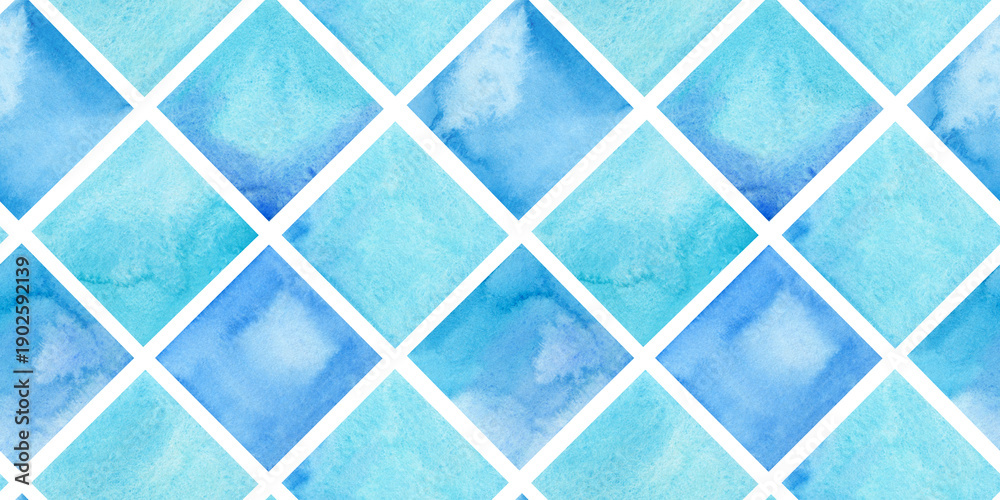 Fototapeta premium Blue diamond swimming pool tile watercolor seamless pattern. Abstract geometric hand drawn background. Teal rhombus checkered mosaic for textile design, greeting card, desktop wallpaper.