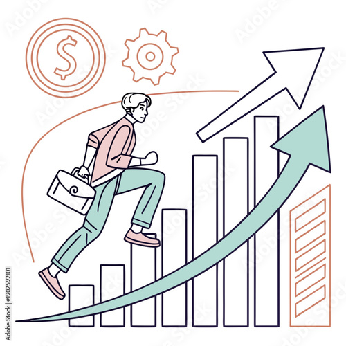 Man running up graph with briefcase and upward arrow