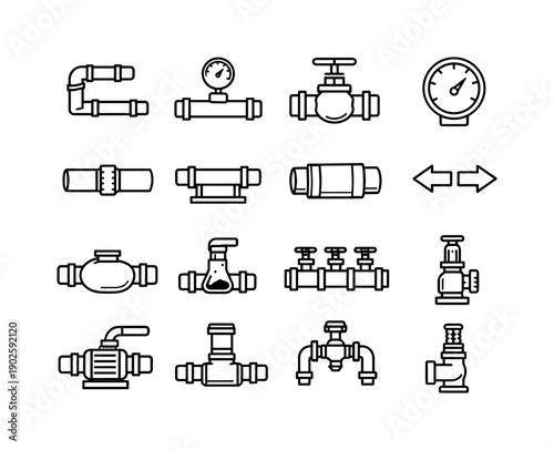 Industrial piping. Line icon set of Industrial piping: pipeline system, pressure pipe, control valve, gauge meter, welded joint, pipe