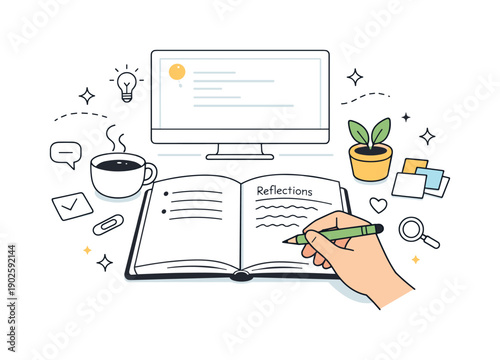 Work journaling for reflection. Desk scene with open journal, pen in hand, and softly glowing screen in the background. Organizing ideas and