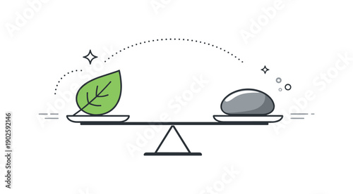 Nature balance symbolism. A simple scale balancing a leaf and a stone, calm harmony between growth and stability. Quiet editorial metaphor