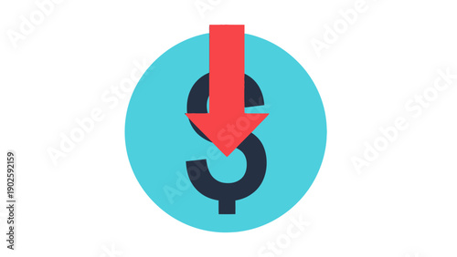 Decreasing Dollar Value Icon. Red Down Arrow Symbolizing Price Drop, Cost Reduction, Sales, and Economic Decline.
