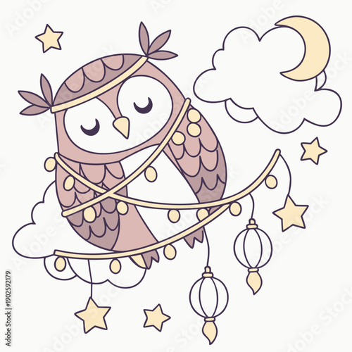 Vector illustration of a Sleepy Owl with wrapped in fairy lights, styled in a Fantasy dream theme using Dreamland colors