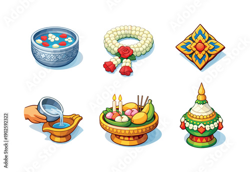 Thai tradition. Isometric flat vector icons set of thai tradition: ceremonial water bowl, jasmine flower garland, traditional thai pattern
