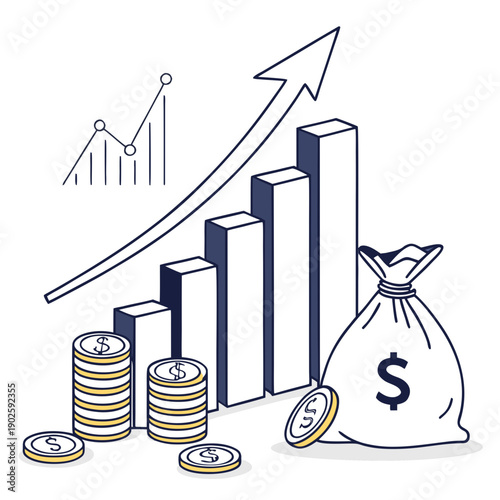 Minimal of rising wealth using coins and growing bar chart