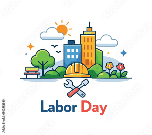 Labor Day Renewal. Labor Day spring concept minimal city and park elements with subtle work symbols, capturing optimism, community and spring renewal. A
