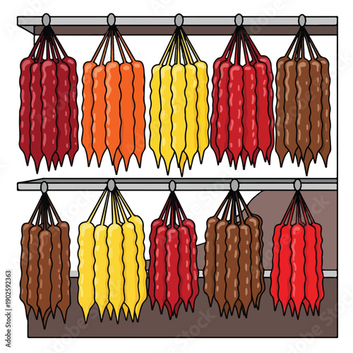 Colorful Sausages Hanging on Racks.