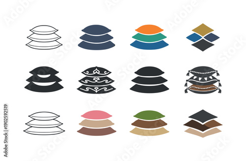 Decorative Pillow Icons. Decorative pillows. Icon set. Set Logo of Decorative pillows: stacked pillows. harmonious logo variations of the same emblematic