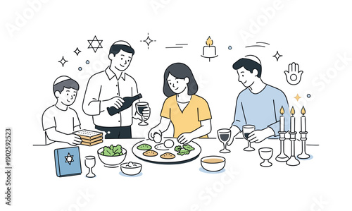 Passover evening calm. People preparing the seder table together, placing symbolic foods and setting cups. The atmosphere feels peaceful,