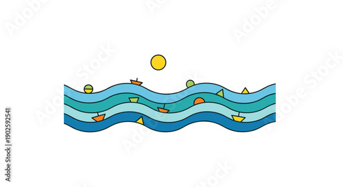 Whimsical cartoon boats sailing on wavy blue ocean under sun.