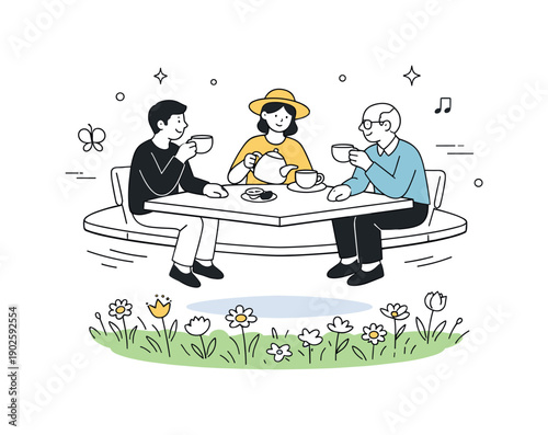Playful surreal spring interactions. People sharing tea at a table that gently floats above blooming grass, creating a calm yet unexpected