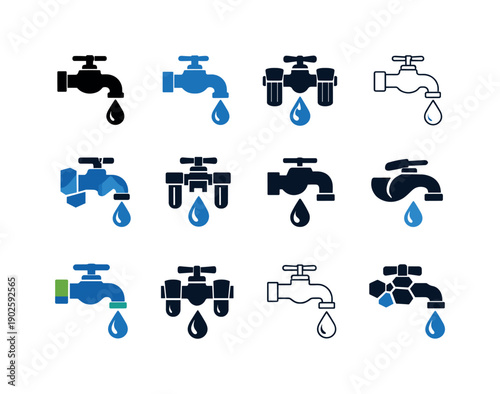 Water Filter Tap Icons. water filter tap. Icon set. Set Logo of water filter tap: faucet with clean water droplet. harmonious logo variations of the same