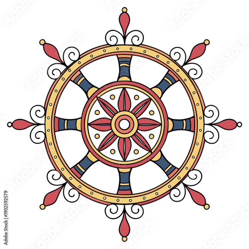 Ornamental mandala wheel with red blue and gold details
