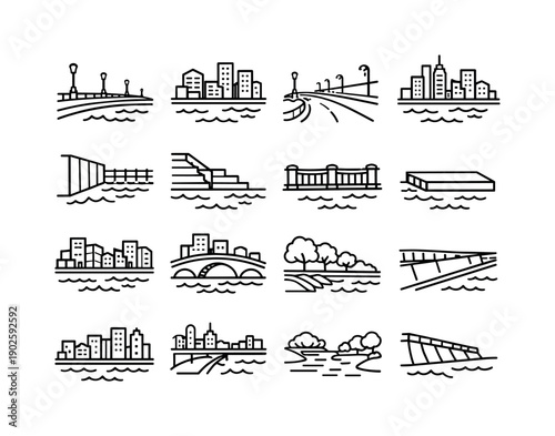 Urban riverside. Line icon set of Urban riverside: city embankment, river with buildings, embankment road, riverside skyline, flood barrier
