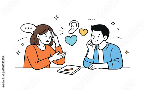 Listening with empathy. A colleague actively listening while another shares concerns, floating ear and heart icons, warm and understanding