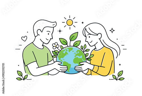 Earth Day minimal eco illustration. People gently caring for the planet, holding a small Earth with leaves and plants growing around it.