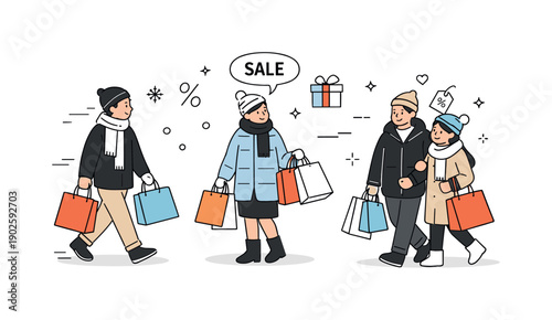 Winter Shopping Scene. Everyday winter retail. Simple editorial scene of people with shopping bags during winter sales, focusing on routine and comfort. Clean