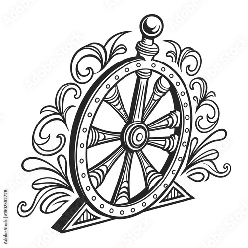 Ornamental round wheel engraving black and white decorative