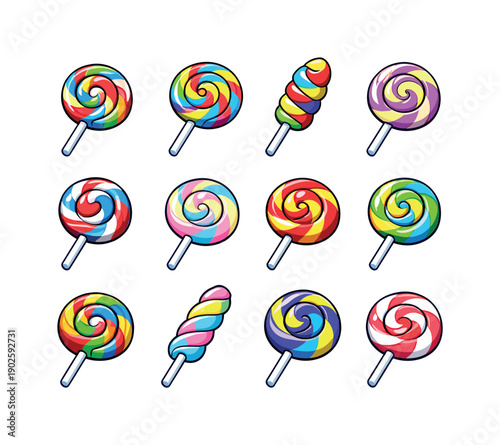 Lollipop Swirl. Colorful isometric vector icons set of Lollipop Swirl: spiral lollipop, rainbow swirl candy, twisted sugar pop, round swirl