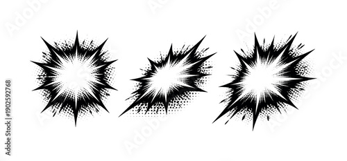 Halftone Burst Views. Halftone burst splash mark. A burst-style splash mark is depicted in three views: straight front view, angled side view, and