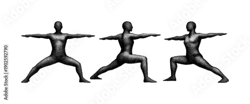 Warrior Pose Silhouette. Yoga warrior pose icon illustrated as a single body silhouette object shown in front view, side view, and three-quarter view
