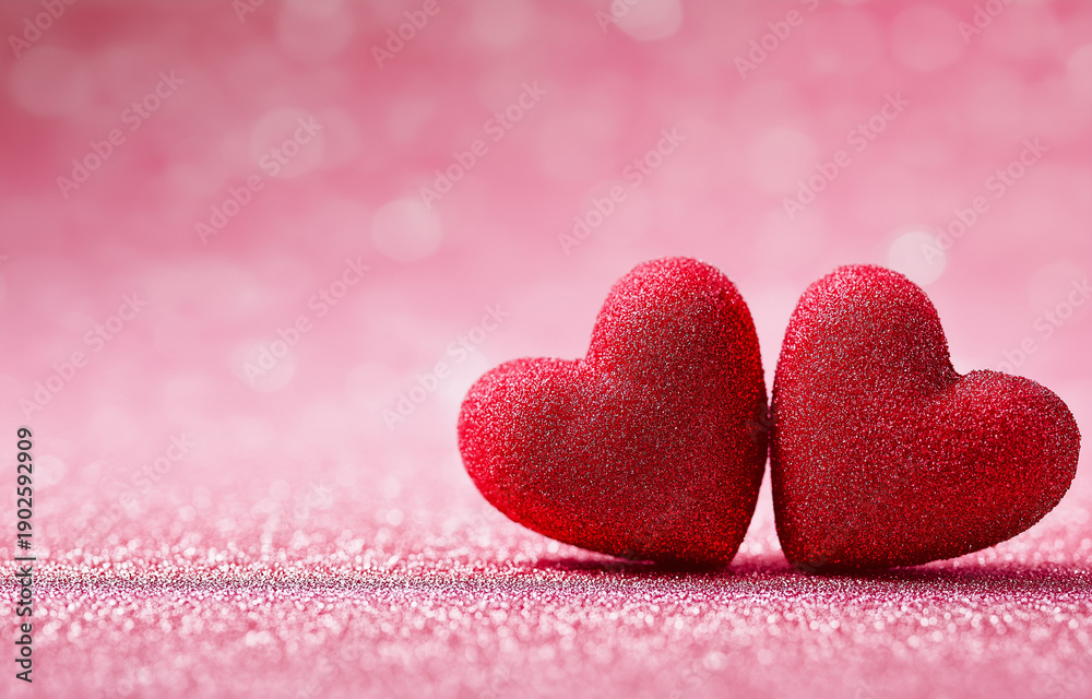Obraz premium two red hearts on a pink glittery background with copy space for a valentine's day celebration, a love concept. 