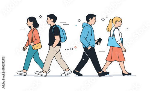 Urban Detachment. People avoiding contact. Individuals walk past each other without eye contact, heads slightly turned away. Missed connection, parallel